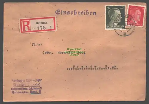 B9377 R-Brief Gebr. Hörmann A.-G. Grimma a 1943 Gustav Struck Hamburger Kaffee