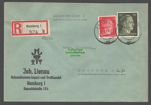 B9409 R-Brief Gebr. Hörmann A.-G. Hamburg 1 b 1943 Joh. Lienau  Kolonialwaren