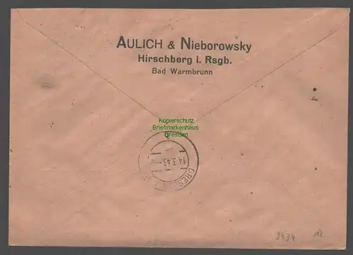 B9434 R-Brief Gebr. Hörmann A.-G. Hirschberg (Riesengeb) 1 Aulich & Nieborowski