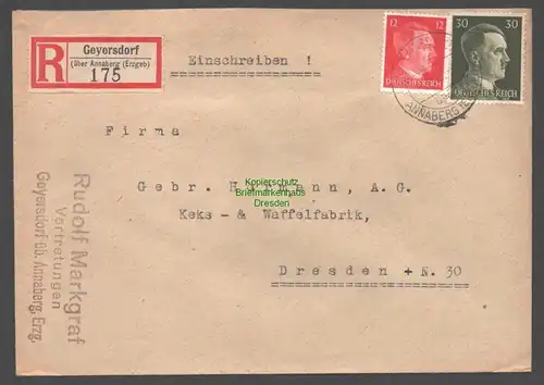 B9357 R-Brief Gebr. Hörmann A.-G. Geyersdorf über Annaberg Erzgeb 1943 Markgraf
