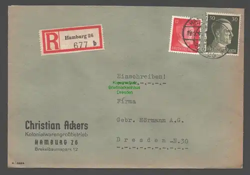 B9419 R-Brief Gebr. Hörmann A.-G. Hamburg 26 b 1943 Christian Ackers  Kolonialw
