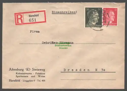 B9430 R-Brief Gebr. Hörmann A.-G. Hersfeld 1942 Altenburg & Steinweg Kolonial