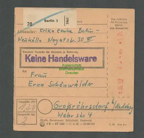 B6568 DDR Paketkarte 1952 markenlos Verrechnungsstempel Berlin n Großröhrsdorf