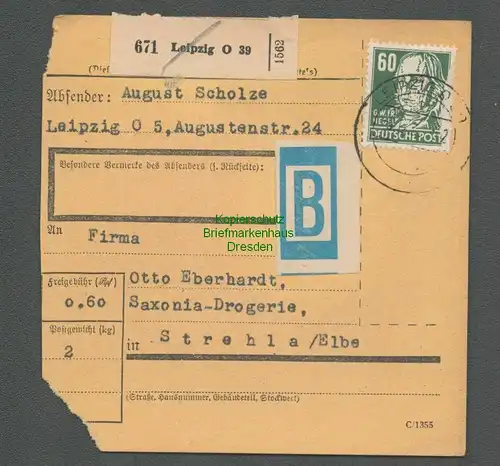 B6563 DDR Paketkarte 1952 Leipzig SBZ 225 EF n Strehla Elbe blauer B Beutelstück