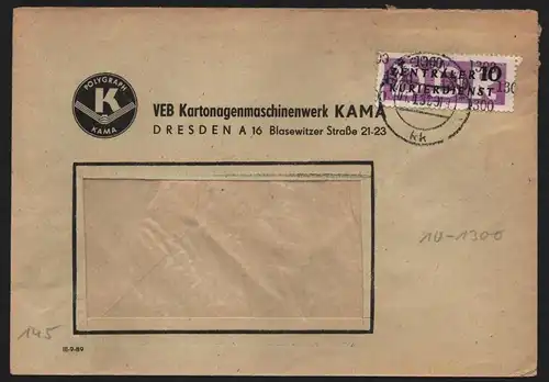 B13244 DDR Dienst ZKD 10 1300 Brief 1957 Polygraph VEB KAMA Dresden Kartonagen