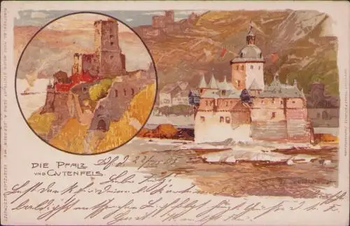 170654 AK Die Pfalz und Burg Gutenfels 1903 Litho Künstlerkarte