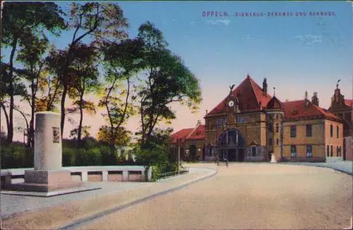 170598 AK Oppeln Opole Bahnhof Bismarck Denkmal Feldpost um 1915