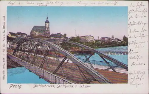 170554 AK Penig Muldenbrücke Stadtkirche Schulen 1906