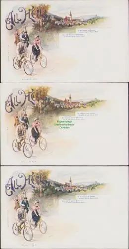 170488 3 AK Litho All Heil Fahrrad Wien um 1900