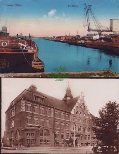 170370 2 AK Gröba Elbe der Hafen 1917 Riesa - Gröba Schule Fotokarte