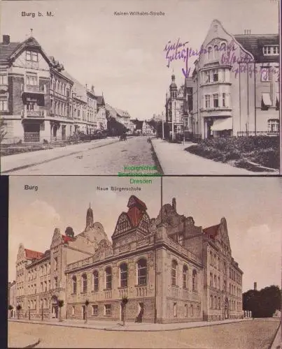 170267 2 AK Burg bei Magdeburg Kaiser Wilhelm Straße 1919 Neue Bürgerschule