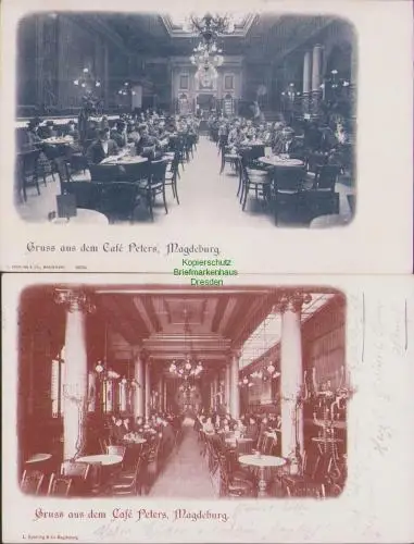 170262 2 AK Magdeburg 1908 Gruss aus dem Cafe Peters Innenansicht