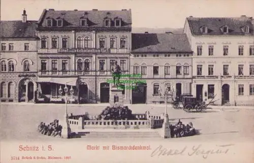 170259 AK Sebnitz 1906 Markt Bismarckdenkmal Hotel zum sächsischen Hof Kaffee