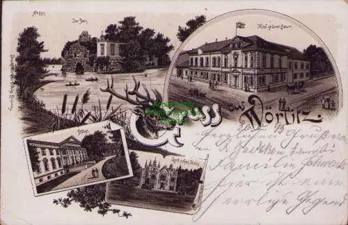 170216 AK Wörlitz Litho 1895 Hotel grüner Baum Der Stein Schloss Gothisches Haus