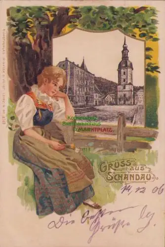 170122 AK Litho Bad Schandau 1906 Passepartout Kirche Marktplatz Frau am Fenster