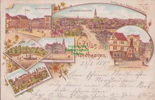 170092 AK Nordhausen Litho 1897 Kornmarkt Lutherbrunnen Rathaus Wilhelmshöhe