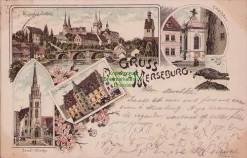 170091 AK Merseburg Litho 1897 Kirche Rathaus Schloß Rabenhaus Saale Brücke