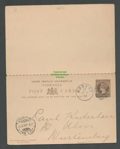 B6396 Ganzsache Australien Hobart Tasmania n. Ulm Antwortkarte 1894 ohne Zudruck