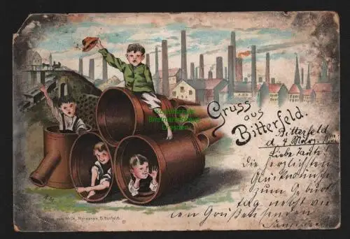 150879 AK Bitterfeld Litho 1900 spielende Kinder Rohre Fabrik