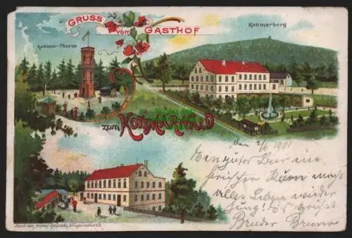 151016 AK Litho Gruss vom Gasthof Kottmarwald 1901 Aussichtsturm