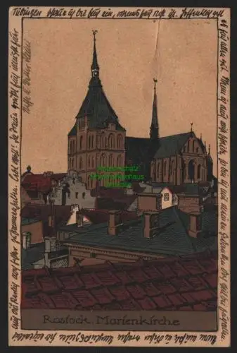 151130 AK Rostock Marienkirche Künstler Steinzeichnung 1919