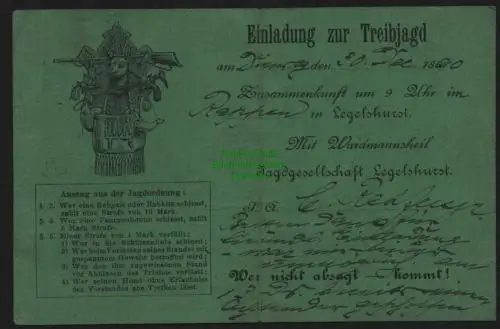 148596 AK Kehl 1890 Vorläufer Einladung zur Treibjagd Legelhurst Willstätt