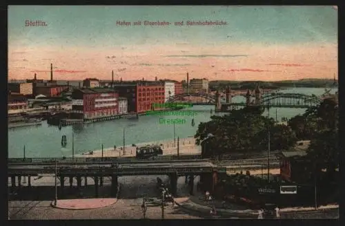 148701 AK Stettin 1911 Hafen mit Eisenbahn- und Bahnhofsbrücke