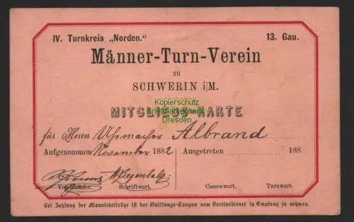 147283 AK Schwerin 1882 Mitgliedskarte Männer Turnverein Uhrmacher Albrand