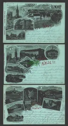 145607 3 AK Halle Saale 1898 Mondschein Litho Theater Bahnhof Franke Stiftung