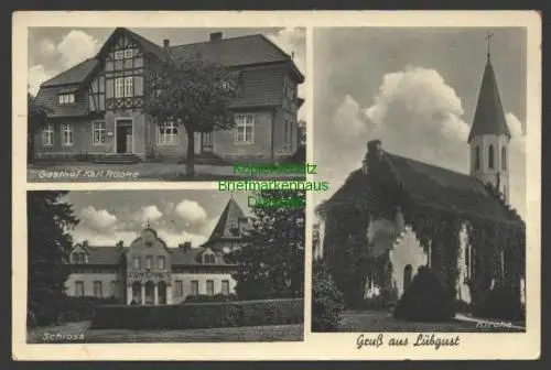 145451 AK Lübgust über Gramenz Kirche Schloss Gasthof Röpke 1942 Landpoststempel