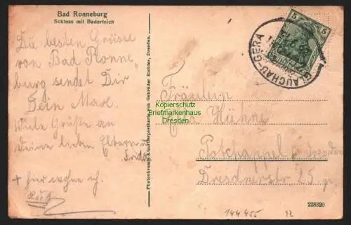 144455 AK Bad Ronneburg Thüringen Schloss Baderteich 1915 Bahnpost Glauchau Gera