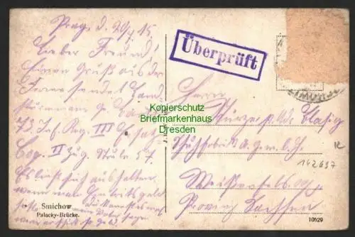 142697 AK Prag Smichow Palacky Brücke 1915 Zensur