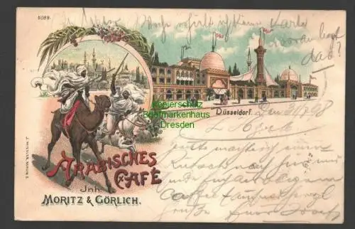 140854 AK Düsseldorf Arabisches Cafe Moritz & Görlich 1898 Pferd Reiter Kamel