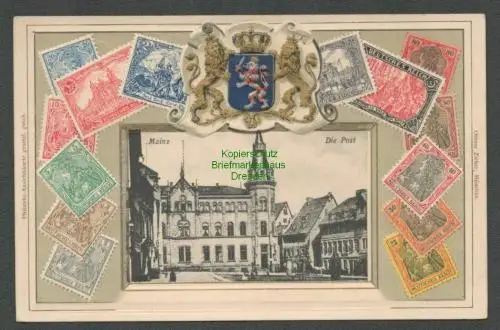 137494 AK Mainz Wappen Prägekarte 1912 Postamt Passepartout Breifmarken gedruckt