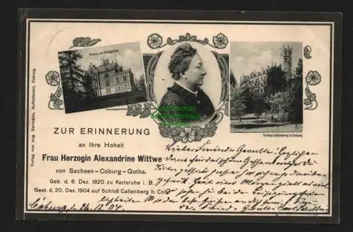 136721 AK Alexandrine von Baden Schloss Callenberg Trauerkarte 1904 Sachsen Cobu