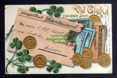 129190 AK Viel Glück zum neuen Jahr 1907 Geldscheinkarte Münzen Klee geprägt