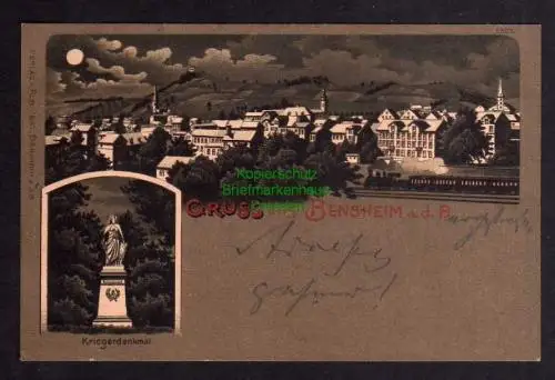 121943 AK Bensheim an der Bergstraße 1903 Mondscheinlitho Kriegerdenkmal