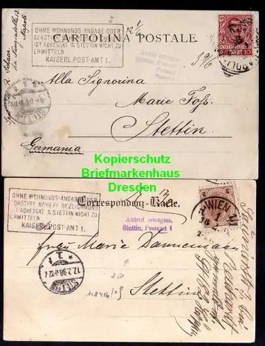 118416 2 AK nach Stettin 1898 Ausruf erfolglos - nicht zustellbar WIen Sorrento