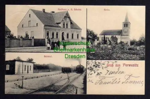 117925 AK Perwenitz um 1910 Bahnhof Kirche Kaufhaus Schulze