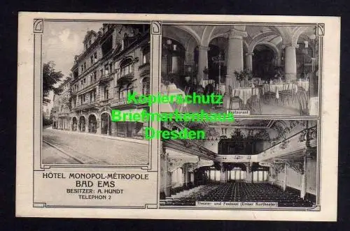 118106 AK Bad Ems 1914 Hotel Monopol Metropole Restaurant Theater Festsaal