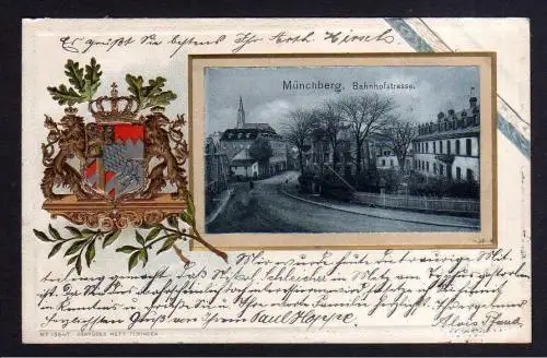 102832 AK Münchberg 1902 Bahnhofstrasse Wappen Prägekarte Passepartout
