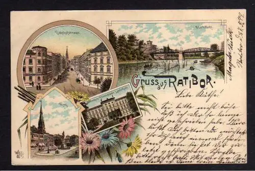 102567 AK Ratibor Schlesien Litho 1899 Oderbrücke Bahnhofstrasse Oberschles. Für