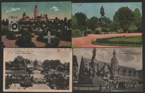 151598 4 AK Leipzig 1918 Altes Rathaus mit Siegesdenkmal Palmengarten Bismarck