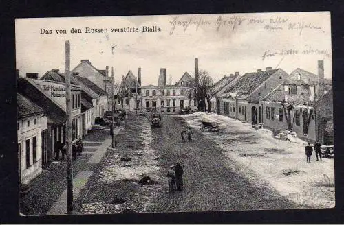 107959 AK Bialla Ostpreußen 1915 von den Russen zerstört Feldpost Tuch Manufaktu