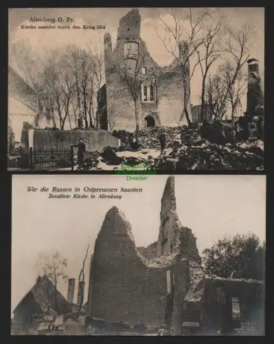 151206 2 AK Allenburg Opr. Um 1916 zerstörte Kirche Russen in Ostpreussen