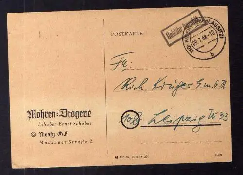 B1951 Postkarte SBZ Gebühr bezahlt 1948 Währungsreform Niesky Oberlausitz Mohren