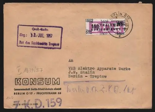 B13407 DDR Dienst ZKD 14 1602 Brief 1957 Berlin Friedrichshain Konsum ZKD Nr 159