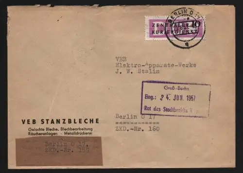 B13385 DDR Dienst ZKD 14 1602 Brief 1957 Berlin VEB Stanzbleche ZKD Nr. 159