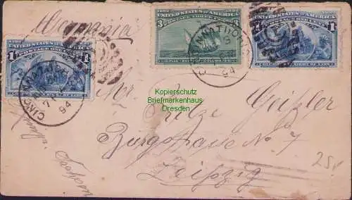 B15653 Ganzsache USA mit 73, 75 Columbus 1, 3 cent Cincinnati Ohio 1894 Leipzig