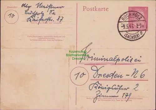 B15734 Brief an Kriminalpolizei Dresden 09.5.1945 Buchholz Sachsen